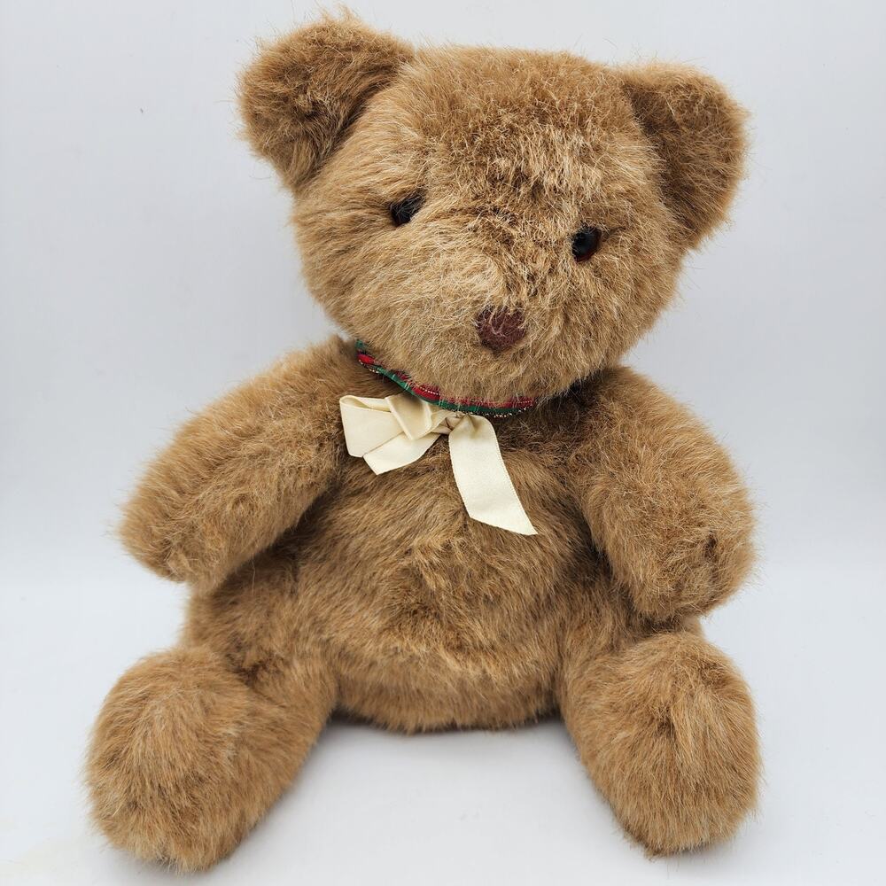 Vintage Dakin Muffin Brown Teddy Bear Plush Stuffed Animal 11" Plaid Bow 1990